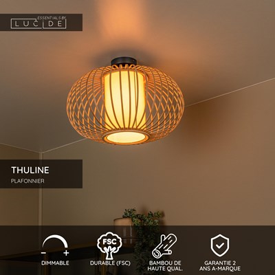 Lucide THULINE - Plafonnier - Ø 45 cm - 1xE27 - Bois clair | Essential